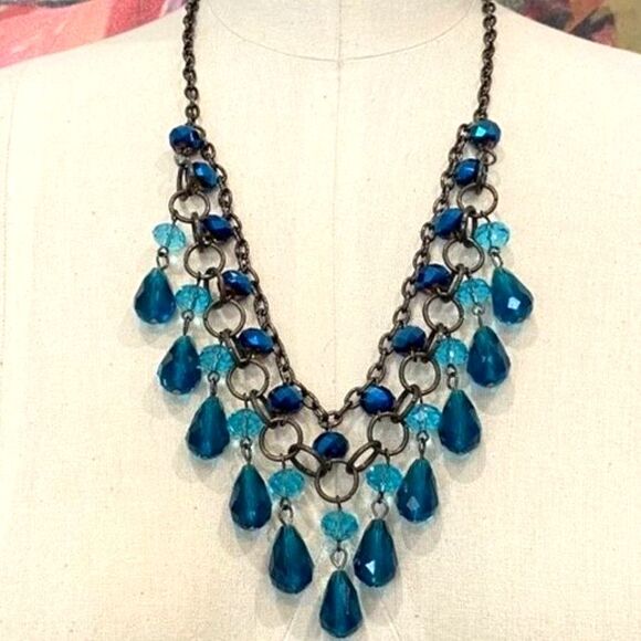 Blue Glass Crystal Drop Statement Necklace - Picture 1 of 5